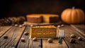 Fall desserts Fall desserts pumpkin cake slice on rustic wooden table with nuts and fork in warm cozy setting Royalty Free Stock Photo