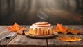Fall desserts Steaming cinnamon roll with icing on wooden table surrounded by fall leaves and desserts creating warm mood Royalty Free Stock Photo