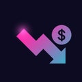 Fall down economic arrow with dollar sign financial crisis glowing neon icon banking icons for ui and ux website or Royalty Free Stock Photo