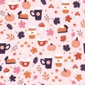 Fall Favorites - Pumpkin Spice, Leaves, Pie Seamless Pattern Background Royalty Free Stock Photo