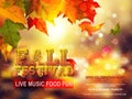 Fall Festival flyer or poster template. Bright red, yellow autumn leaves on mesh background space for your text. Royalty Free Stock Photo