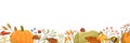 Fall flat vector background. Autumn decorative horizontal illustration with pumpkins and place for text. Dried leaves