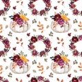 Fall floral seamless pattern with colorful flowers and pastel pumpkin on white background. Autumn botanical wallpaper Royalty Free Stock Photo