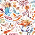 Fall Floral Seamless Pattern. Watercolor orange, blue pumpkins.