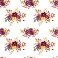Fall floral seamless pattern on white background. Watercolor red, burgundy, orange flowers, dry leaves, foliage. Autumn botanical Royalty Free Stock Photo
