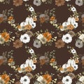 Fall floral seamless pattern with white pumpkins, orange and neutral flowers, leaves. Watercolor autumn print