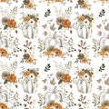 Fall floral seamless pattern with white pumpkins, orange and neutral flowers, leaves. Watercolor print with white background Royalty Free Stock Photo