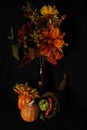 GIVE THANKS... Fall flower arrangement, cornacopia filled with vegetables, gourds, squash, pumpkin, Royalty Free Stock Photo