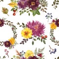 Fall flowers seamless pattern. Colorful watercolor floral print. Autumn bouquets, arrangements with red, burgundy flowers