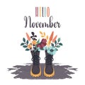 Fall flowers in seasonal boots. Hand drawn doodle floral elements in black shoes. Autumn bouquets, leaves, lettering. Vector flat Royalty Free Stock Photo