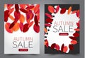 Fall flyer set. Vectical banner with red and orange leaves. Autumn sale end of season promo template.