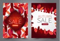 Fall flyer set. Vectical banner with red and orange leaves. Autumn sale end of season promo template.