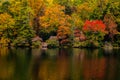 fall foliage in Appalachian mountains with colorful reflections in water with cabins hidden in trees Royalty Free Stock Photo