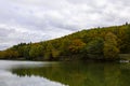 fall foliage forest reflecting in the still surface of lake water, Beautiful Autumn foliage colors above water Royalty Free Stock Photo