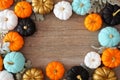 Fall frame of colorful pumpkins and silver leaves against a wood background