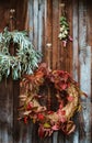 Fall front porch. autumn wreath and pumpkins on old wooden rustic background at doors. Royalty Free Stock Photo