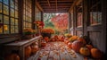 Fall Front Porch Decor with Pumpkins and Foliage Royalty Free Stock Photo