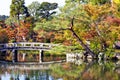 Fall garden landscape with bridge and water reflections Royalty Free Stock Photo