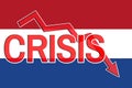 Fall graph and word crisis on the background of the flag of Netherlands. Economic crisis and recession in Netherlands