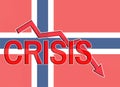 Fall graph and word crisis on the background of the flag of Norway. Economic crisis and recession in Norway