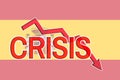 Fall graph and word crisis on the background of the flag of Spain. Economic crisis and recession in Spain