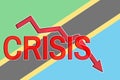 Fall graph and word crisis on the background of the flag of Tanzania. Economic crisis and recession in Tanzania
