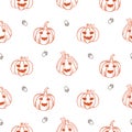 Fall Halloween cute pumpkins orange and beige seamless pattern background with acorns