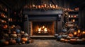 Halloween decorated cozy fireplace interior setting - generative AI