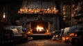 Autumn and Halloween decorated cozy fireplace interior setting - generative AI