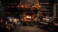 Fireplace interior Fall and Halloween decorated cozy setting - generative AI