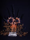 Halloween colors black and oranged flowers and sparkly orange and black leaves, hello Fall