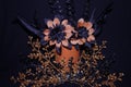 Halloween wedding flowers, orange and black with black leaves that sparkly in an orange vase