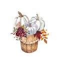 Beautiful autumn pastels pumpkins arrangement on white background. Pumpkin decor with red and burgundy leaves, flowers