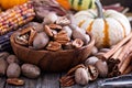 Fall harvest concept - nuts and pumpkins Royalty Free Stock Photo