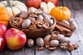 Fall harvest concept - nuts and pumpkins Royalty Free Stock Photo
