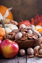 Fall harvest concept - nuts and pumpkins Royalty Free Stock Photo