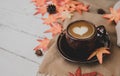 Fall harvest cornucopia. Cup of Hot apple tea for Autumn season warm drink. on wood background Royalty Free Stock Photo
