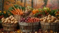 fall harvest decorations, preparing for a thanksgiving feast with rustic baskets full of carrots, beets, and potatoes Royalty Free Stock Photo