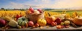 the fall harvest, with a focus on a basket of pumpkins, apples, and corn set against a backdrop of fields, trees Royalty Free Stock Photo