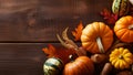 Fall Harvest: Pumpkins, Gourds, and Decor on Rustic Wood Background. created with Generative AI Royalty Free Stock Photo