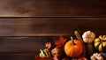 Fall Harvest: Pumpkins, Gourds, and Decor on Rustic Wood Background. created with Generative AI Royalty Free Stock Photo