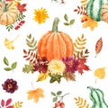 Fall harvest seamless pattern. Thanksgiving print with watercolor pumpkins, flowers, leaves on white background Royalty Free Stock Photo