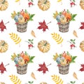 Autumn seasonal vegetables and fruits seamless pattern. Watercolor harvest basket with pumpkins on white background. Royalty Free Stock Photo