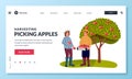 Fall harvesting and agriculture farming concept. Man and woman picking apples in fruit garden. Vector illustration