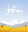 Fall hillside landscape with handwritten lettering of Hello Autumn Royalty Free Stock Photo