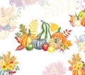 Fall Holiday card template, watercolor colorful pumpkins, apples, autumn leaves, flowers, wheat. Orange, blue, yellow and red Royalty Free Stock Photo
