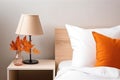 Fall Home Bedroom Decor With Orange Lamp And Pillow