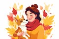 Smiling young woman hug dog show care and attention to animal on white background with autumn leaves Royalty Free Stock Photo