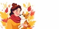 Smiling woman hug dog show care and attention to animal on white background with autumn leaves Royalty Free Stock Photo