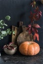 Fall kitchen still life. Crockery, eucalyptus branches, cutting boards, autumn leaves, pumpkin on the table, on a dark background Royalty Free Stock Photo